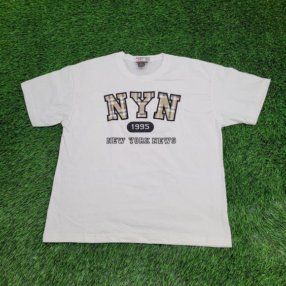 Vintage 1995 New-York News Shirt Medium 22x26 White USA Plaid - Picture 1 of 13